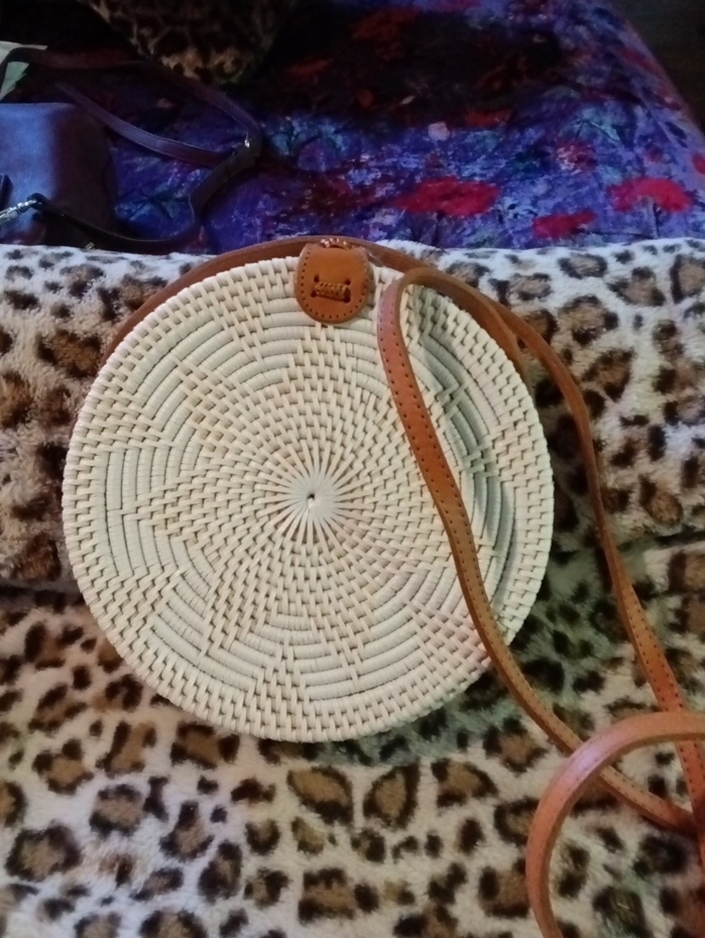 Woven Round Crossbody Bag in Natural and Tan